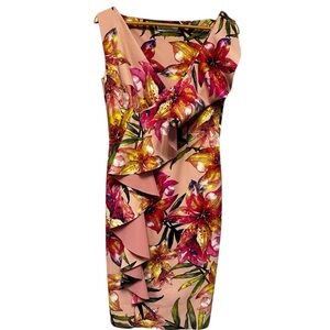 Chiara Boni Pink Floral Print Vneck Ruffle Midi Length Dress Size 12 US Tropical